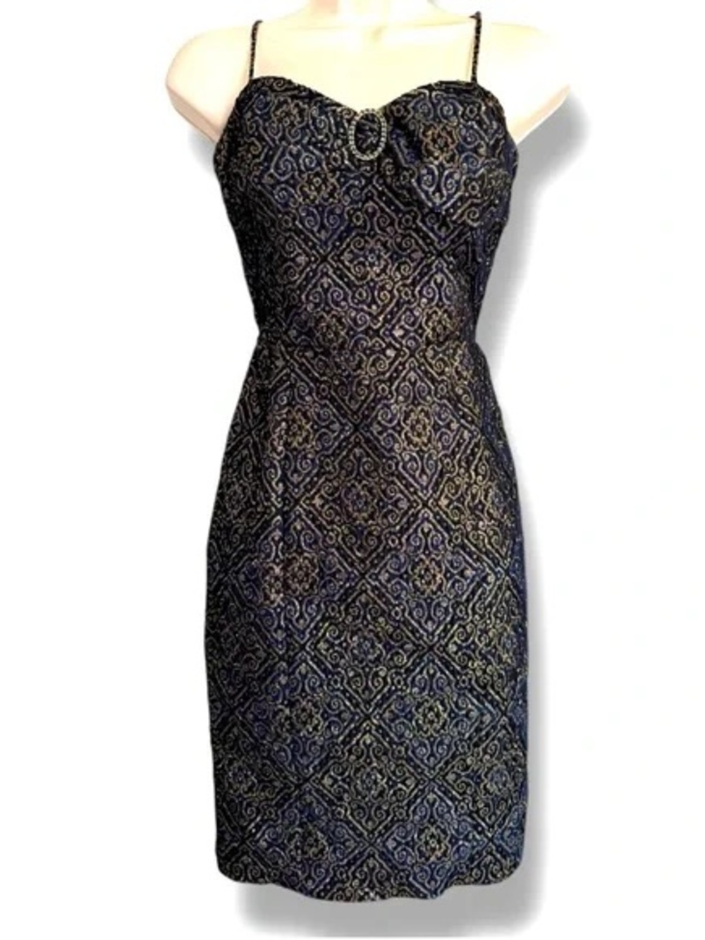 Betsey Johnson Navy and Gold Brocade Spaghetti-Strap Mini